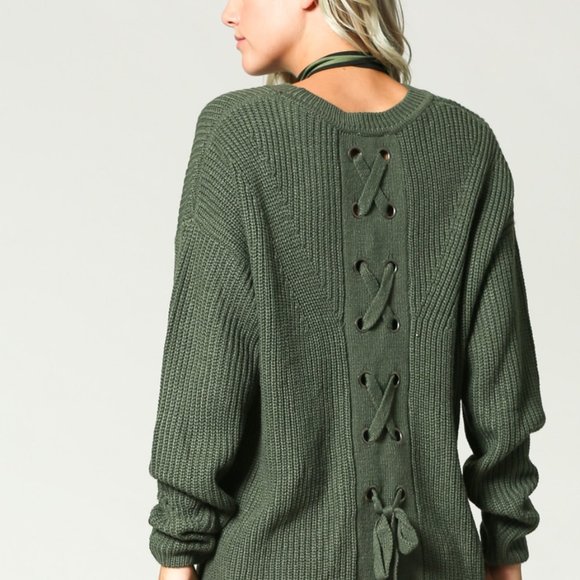 Olive eyelet lace up pullover sweater - Picture 5 of 5
